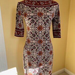 MAX STUDIO Women's burgundy ivory floral geometric stretch 3/4 sleeve dress, S